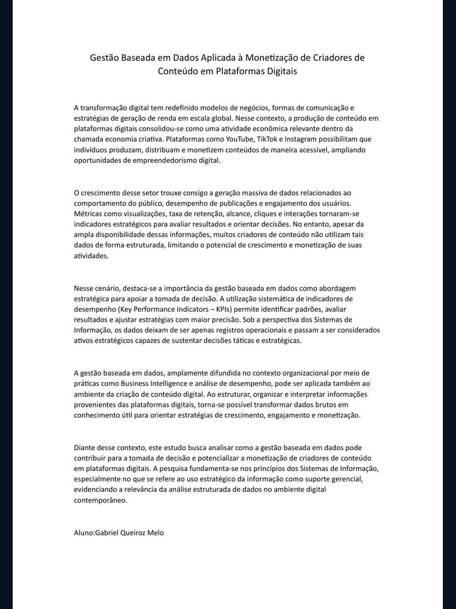 Miniatura da publicação Gestão baseada em dados aplicada à monetização de criadores de conteúdo em plataformas digitais