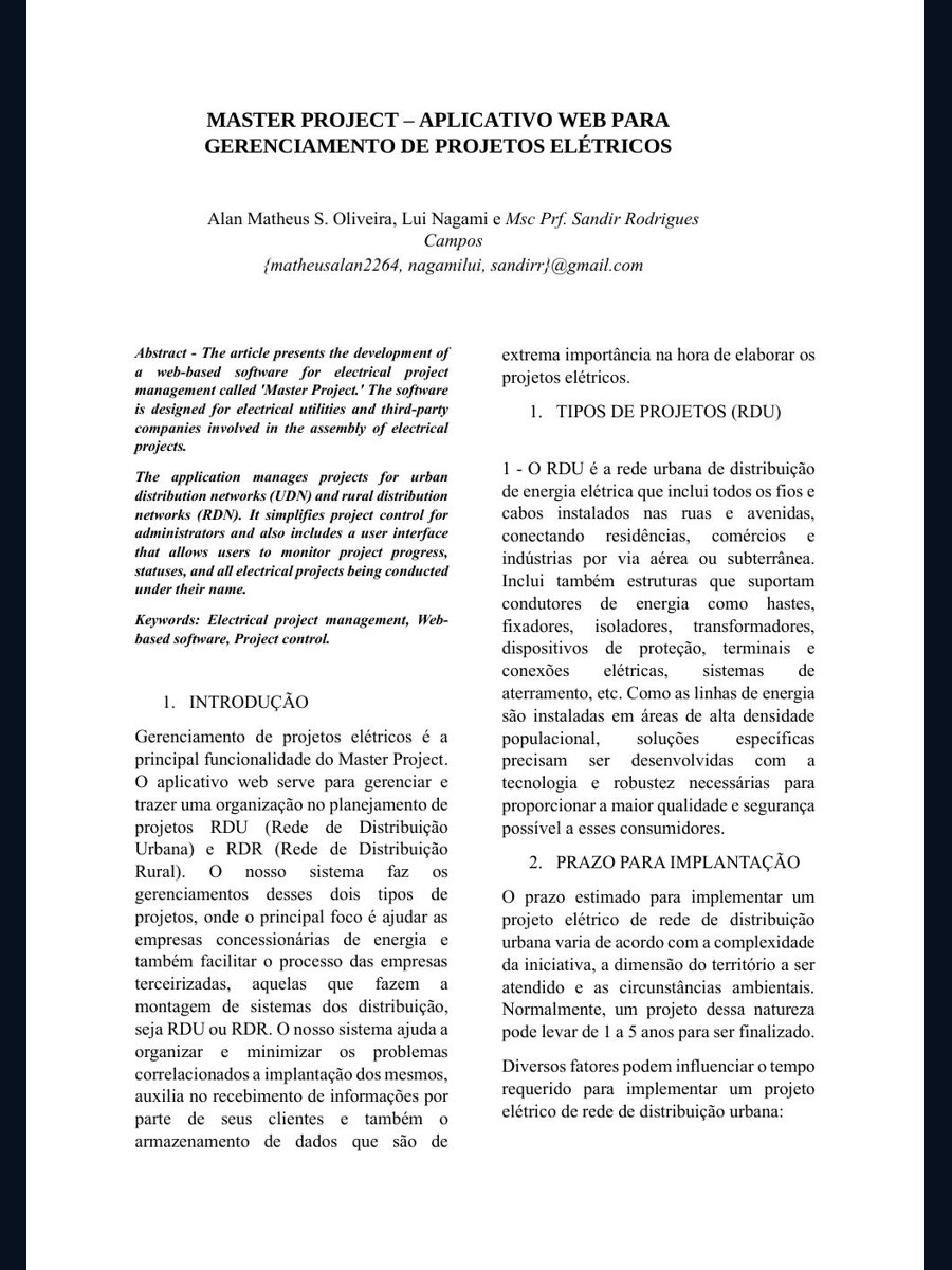 Capa da publicação Master Project: aplicativo web para gerenciamento de projetos elétricos