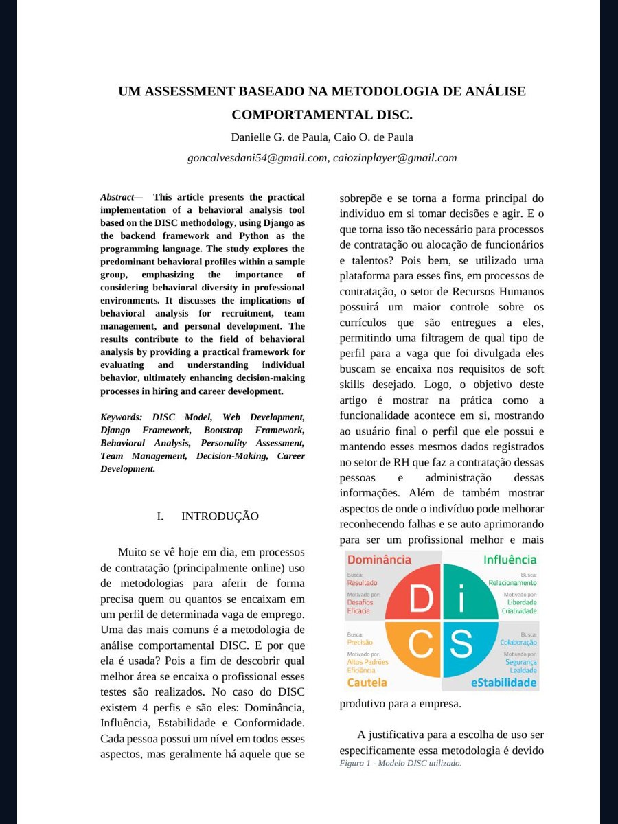 Capa da publicação Um assessment baseado na metodologia de análise comportamental DISC