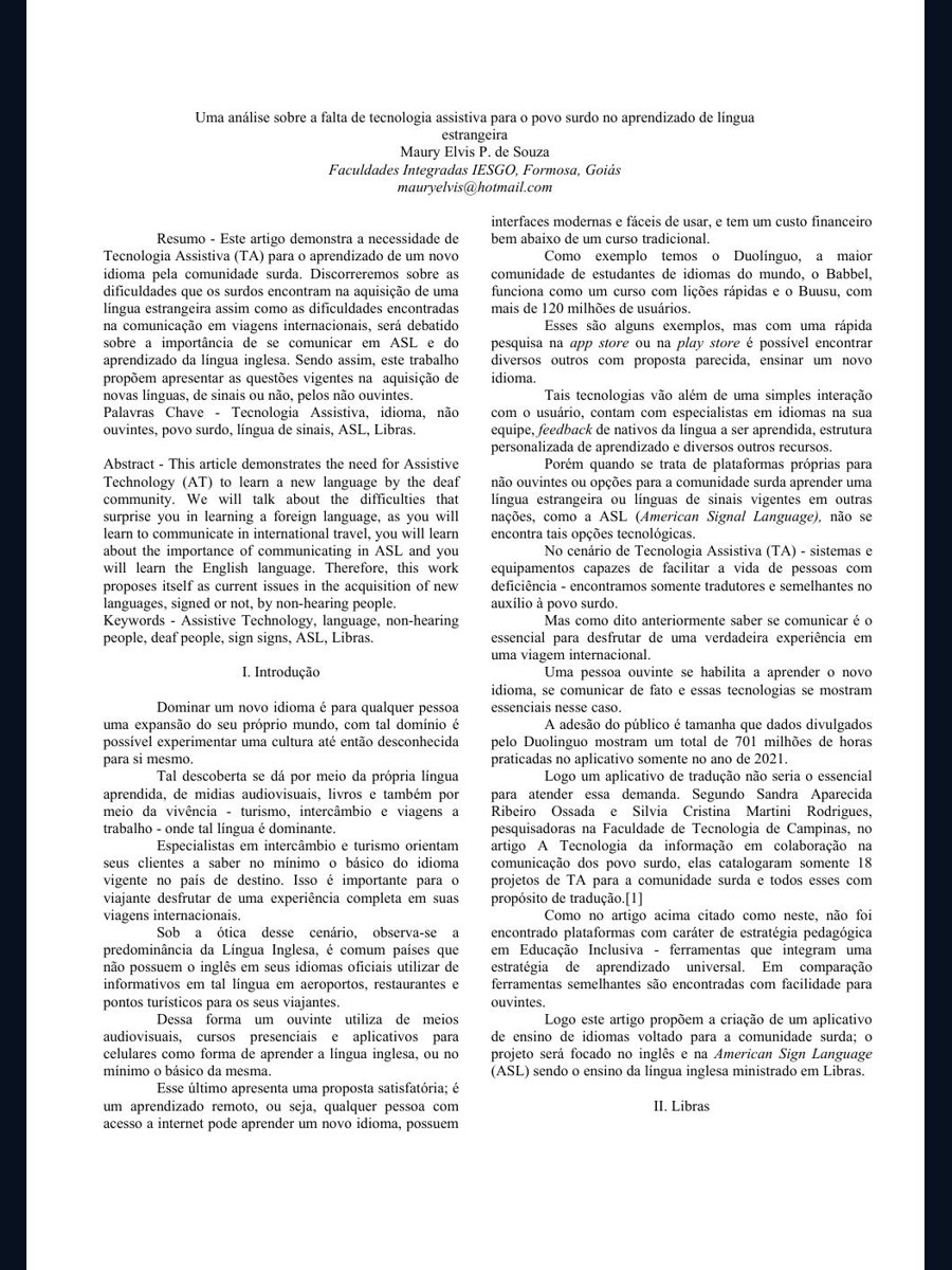 Capa da publicação Uma análise sobre a falta de tecnologia assistiva para o povo surdo no aprendizado de língua estrangeira